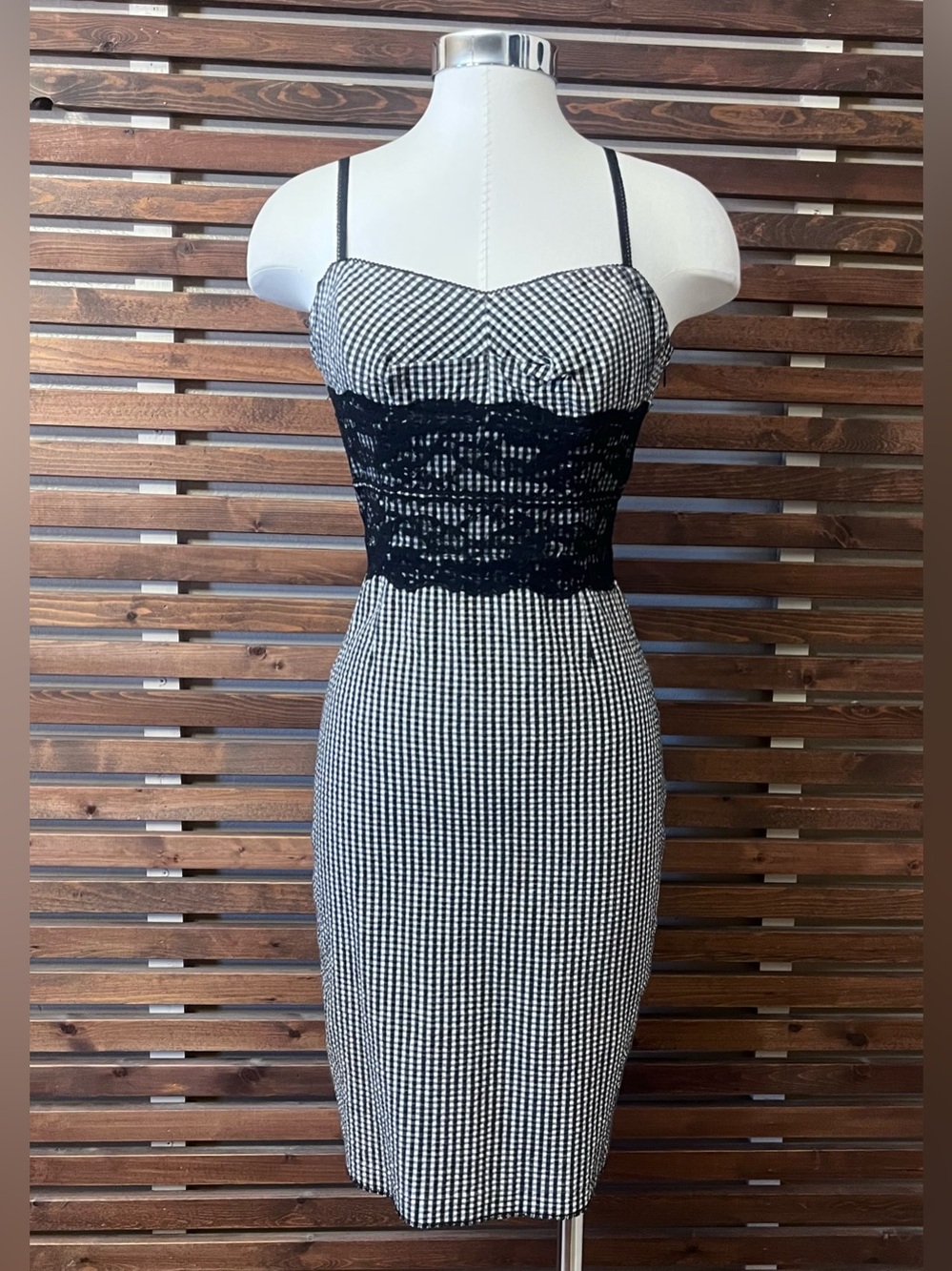 Vintage Y2K GUESS Black & White Gingham Lace Stretch Fitted Pencil Skirt Dress